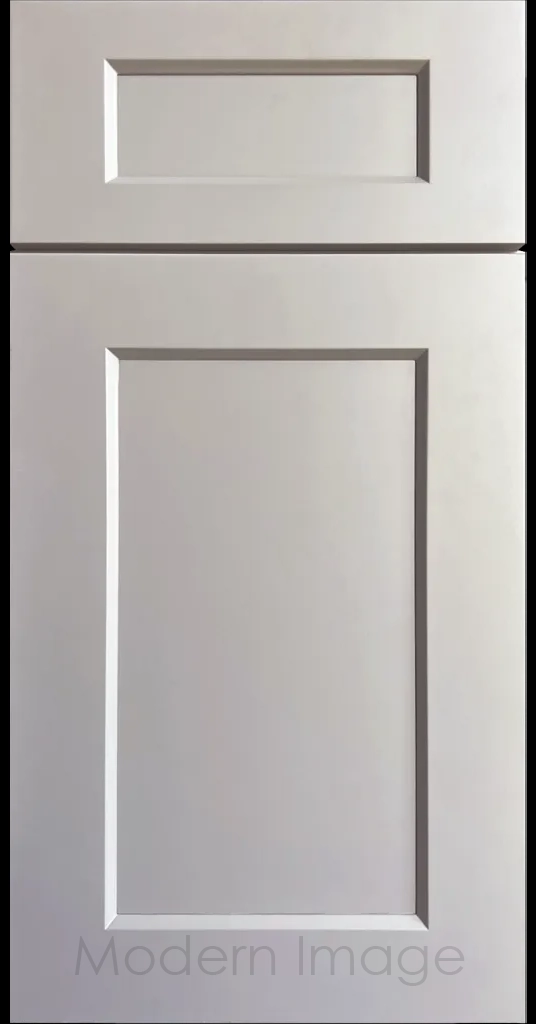 Laguna Gray painted Shaker kitchen cabinet door with wide stiles & rails, inside profile and a flat center panel.